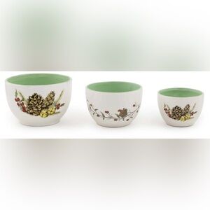 3 Bowls Pinecones & Bells Prep Bowls Ceramic Christmas New